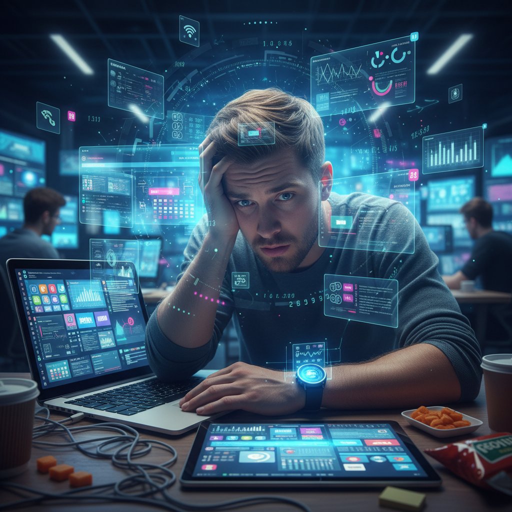 Osoba patrząca na ekran z setkami powiadomień – przeciążenie cyfrowe i informacyjne