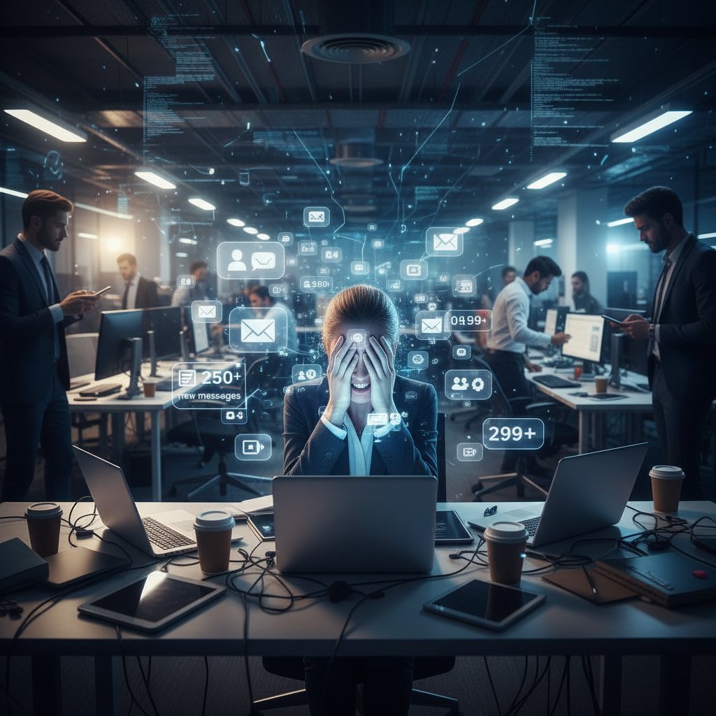 Overwhelmed worker surrounded by digital notifications in an open office, illustrating how computer assistants can sometimes increase complexity and stress
