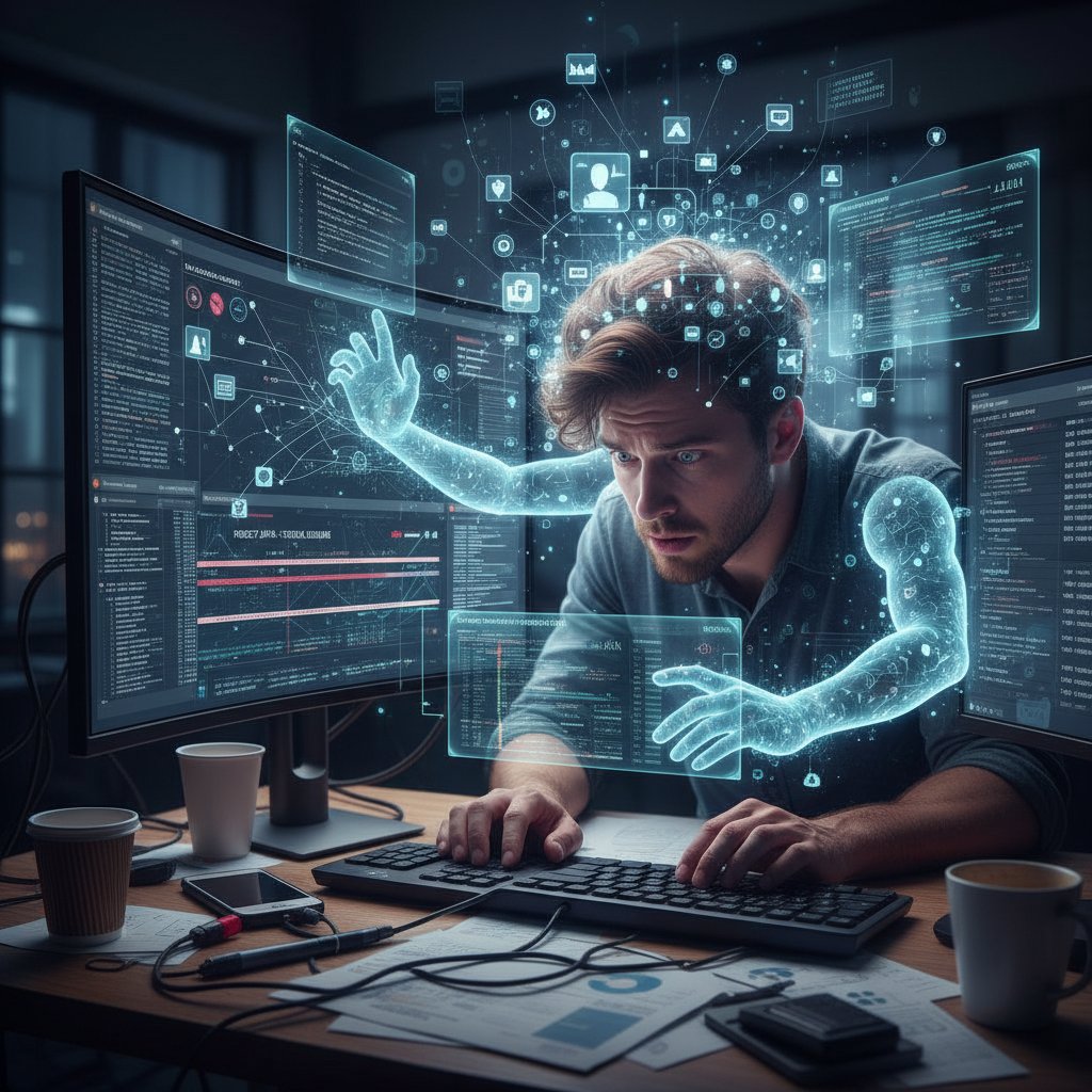 Overwhelmed worker with multiple device screens and notifications everywhere, symbolizing digital overload in project handling and workflow optimization