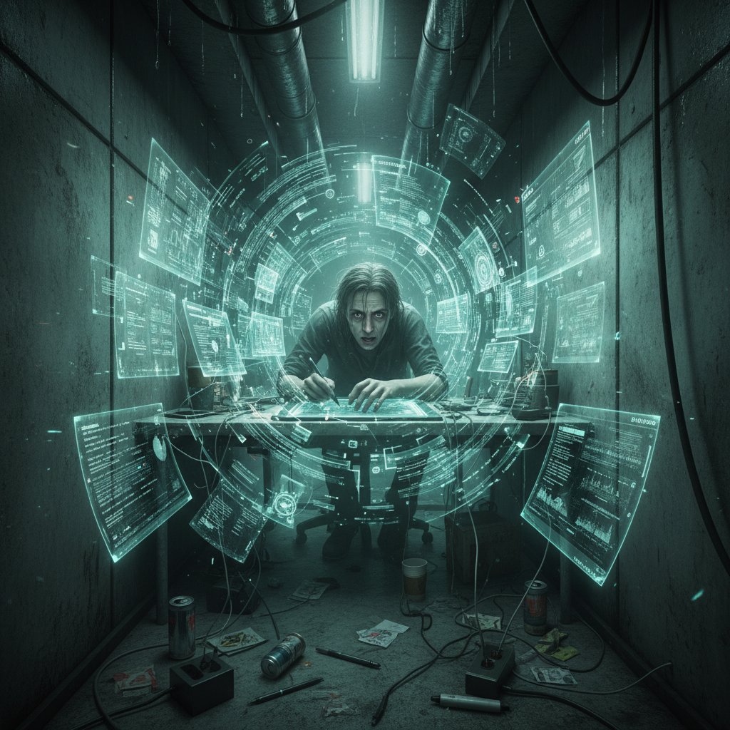 Overwhelmed worker drowning in digital paperwork, symbolizing collaboration overload