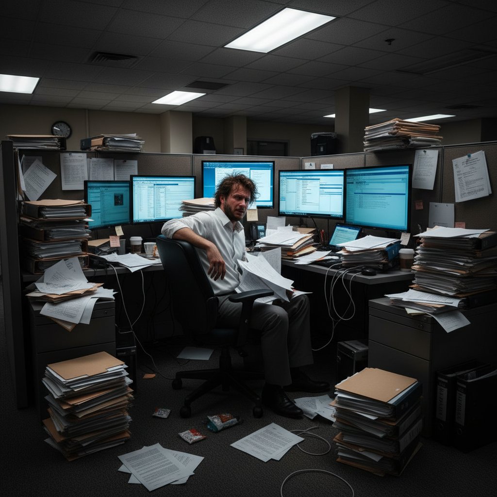 Overwhelmed worker with paperwork transforming into digital files, editorial style, office environment, high contrast