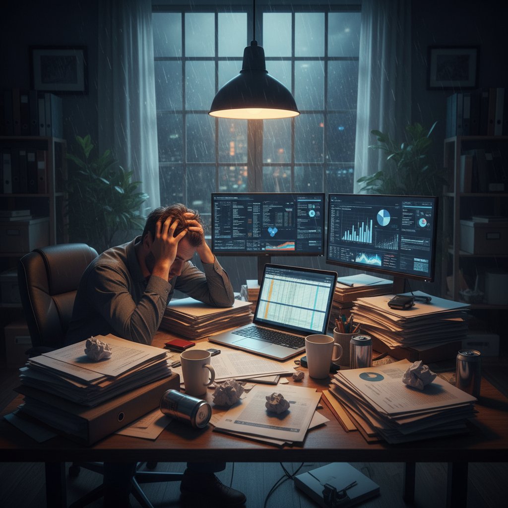 Przepracowany analityk otoczony papierowymi raportami sprzedażowymi i ekranami cyfrowymi