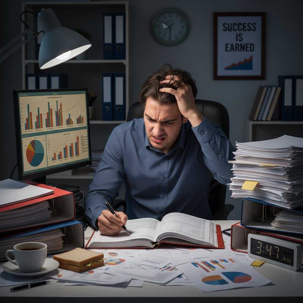 Przepracowany analityk z głową w dłoniach, otoczony stosami wydruków i wykresów, obrazujący frustrację nadmiarem danych