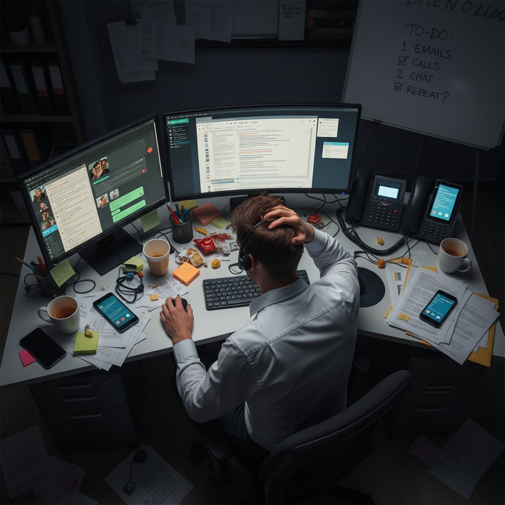 Overworked employee surrounded by chaotic inbox, highlighting need help with customer communication