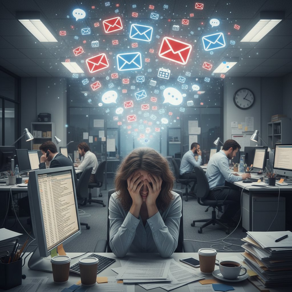 Przeciążony pracownik w biurze, otoczony świecącymi ikonami email
