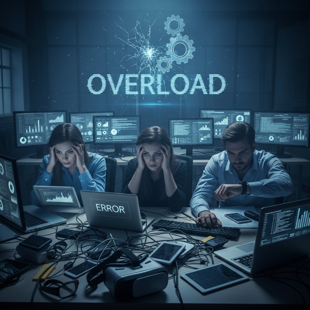 Employees struggling with innovation tool fatigue, visually representing digital overload and burnout