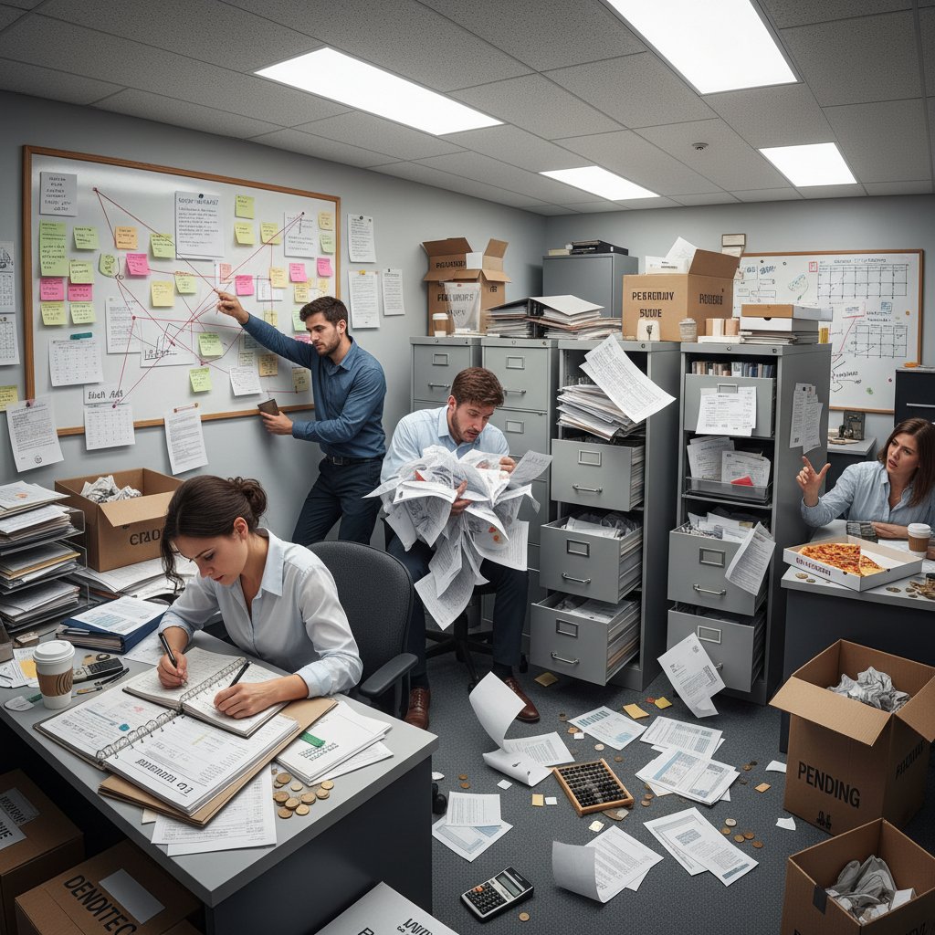 Overworked project managers surrounded by chaotic paperwork, symbolizing manual budgeting inefficiency and project automation challenges