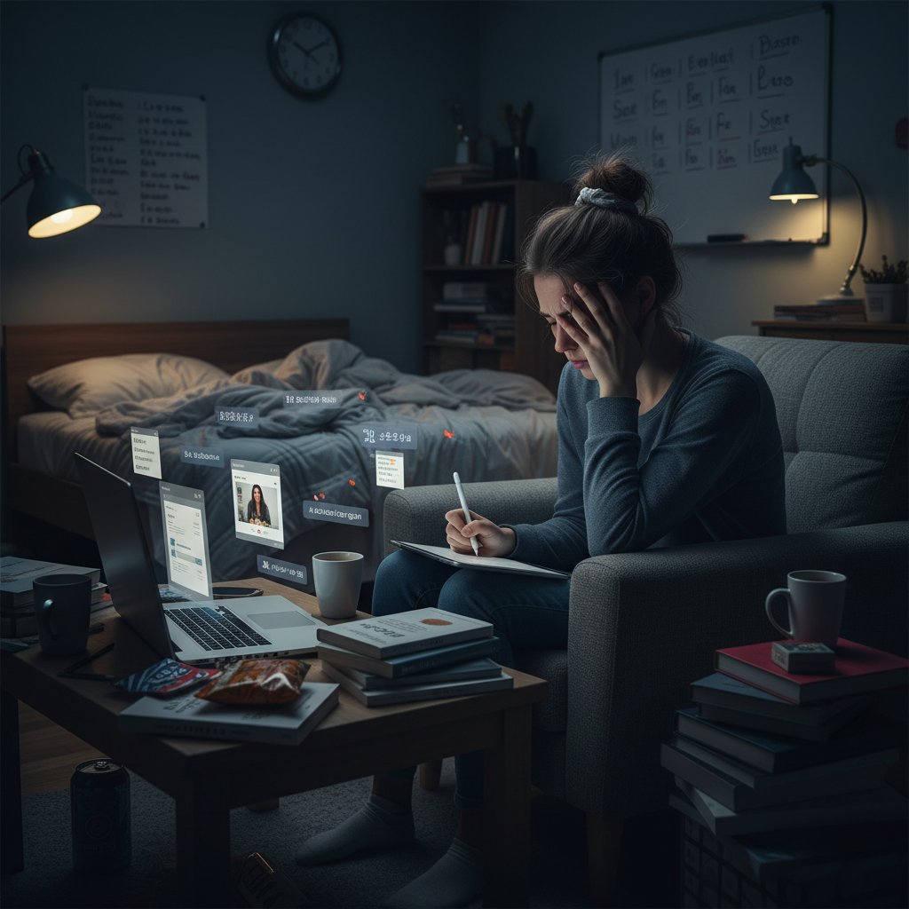 Zmęczony student patrzący na ekran komputera podczas nauki języka online