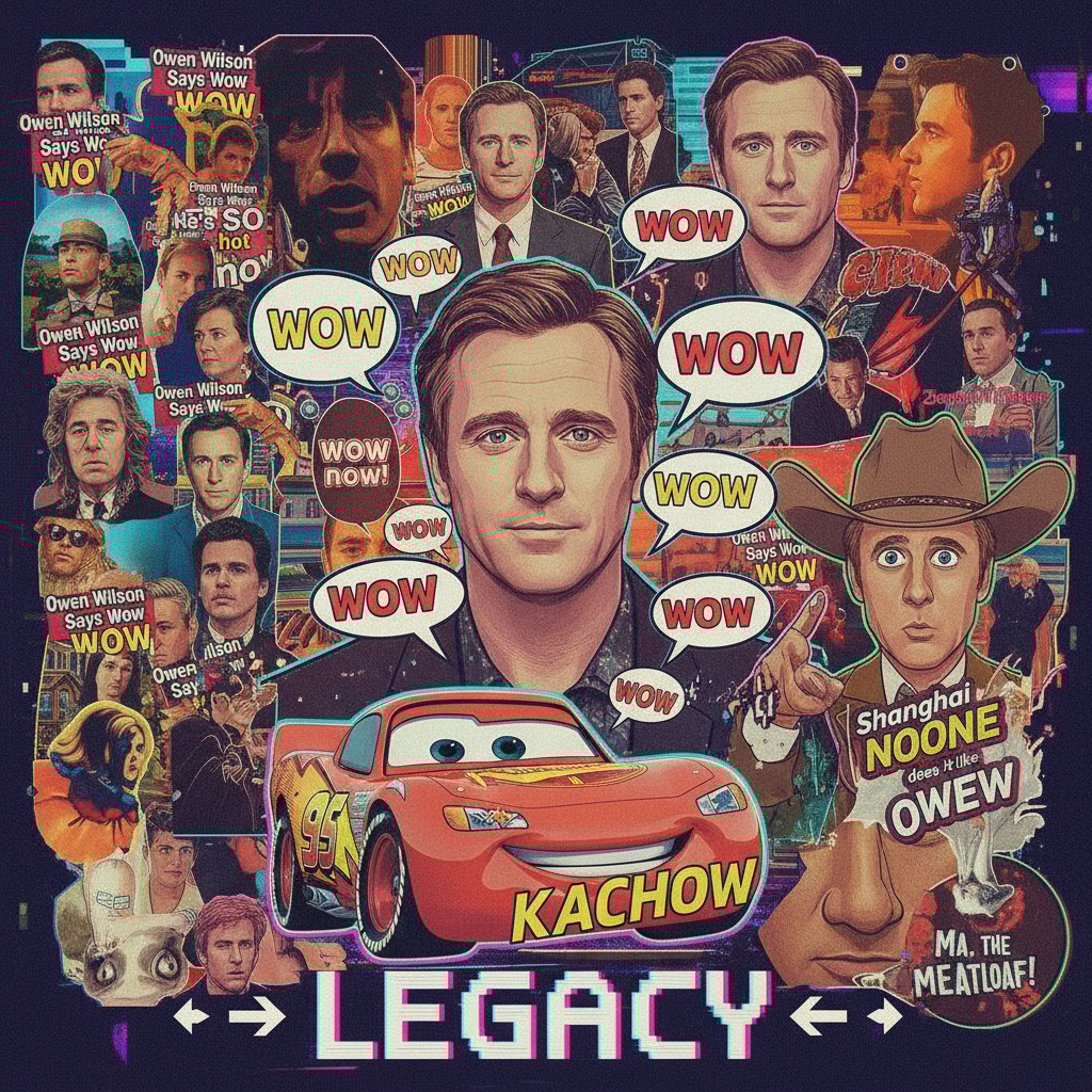 Internet culture’s impact on Owen Wilson’s legacy, surreal digital collage with meme captions and Wilson’s face