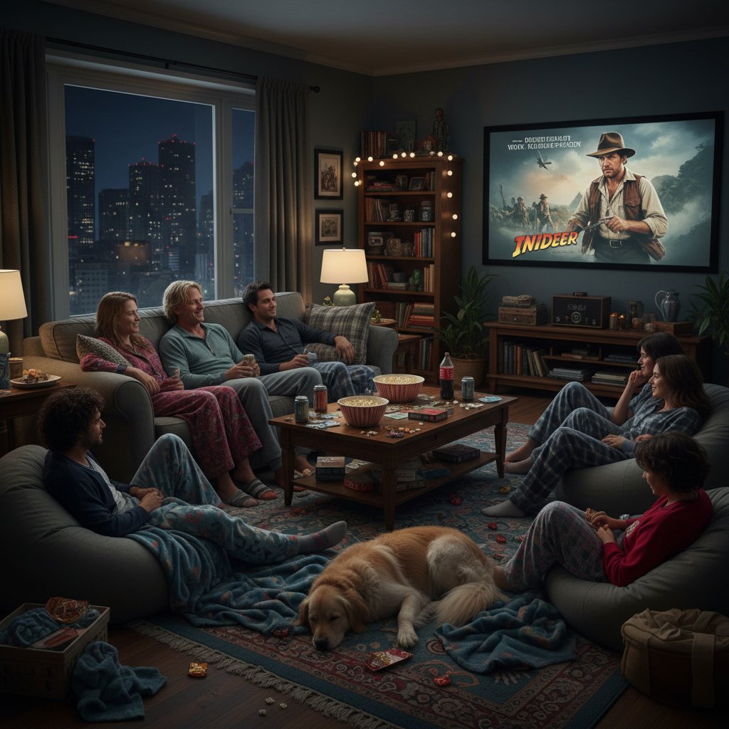 Friends bonding over an Owen Wilson movie night with a moody living room scene and movie poster in the background