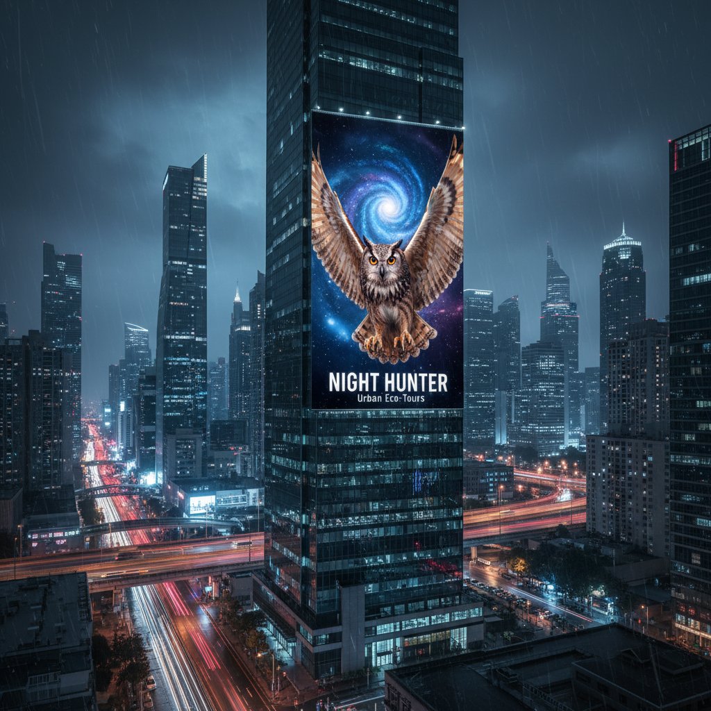 Sowa jako element reklamy na miejskim billboardzie, noc, nowoczesna sceneria