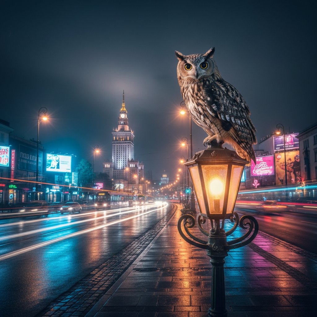 Sowa siedząca na latarni w centrum Warszawy nocą, neony odbijają się w deszczu