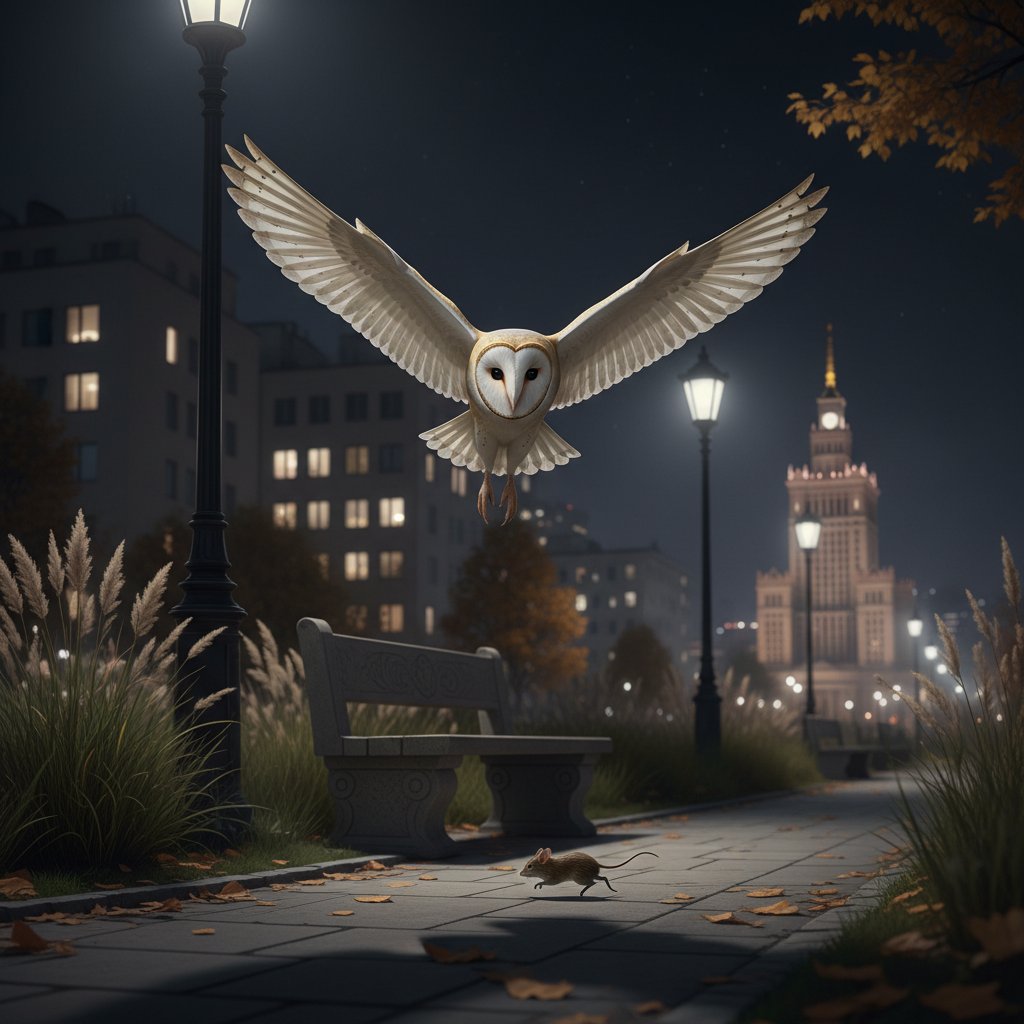 Sowa polująca na gryzonia w miejskim parku, noc, Warszawa