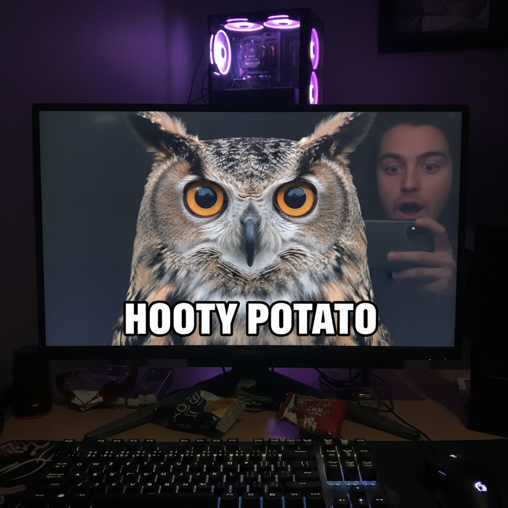 Sowa jako symbol memów internetowych, wygenerowana w stylu fotograficznym, ekran komputera z sową