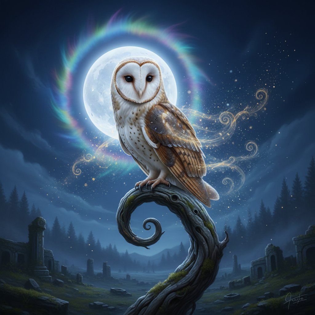 Sowa na tle księżyca, symboliczna fotografia, noc, aura tajemnicy