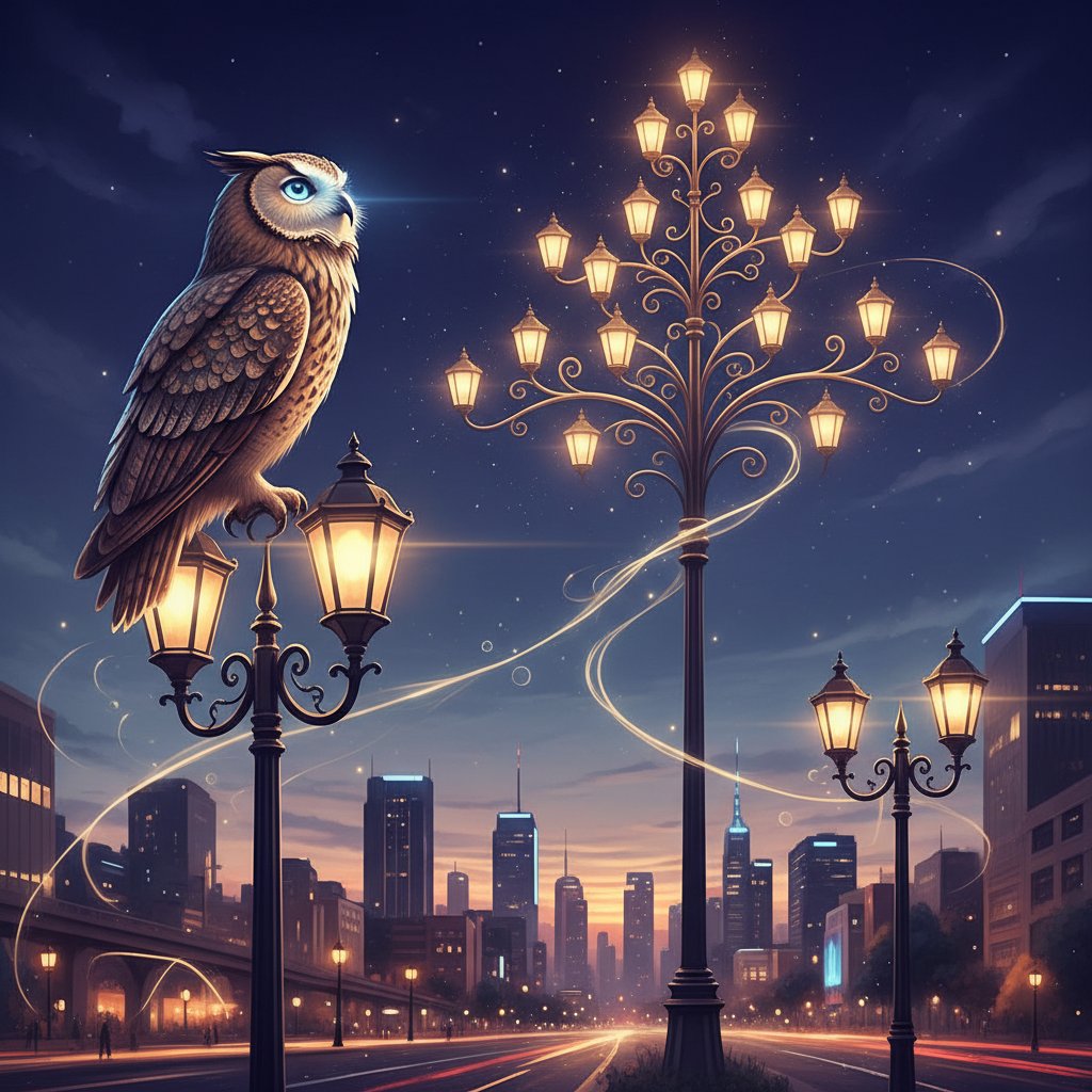 Sowa patrząca w stronę światła miejskich latarni, symboliczna fotografia, perspektywa z dołu