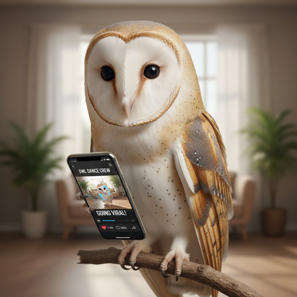 Sowa jako bohaterka trendu TikTok, ekran smartfona z filmikiem sowy