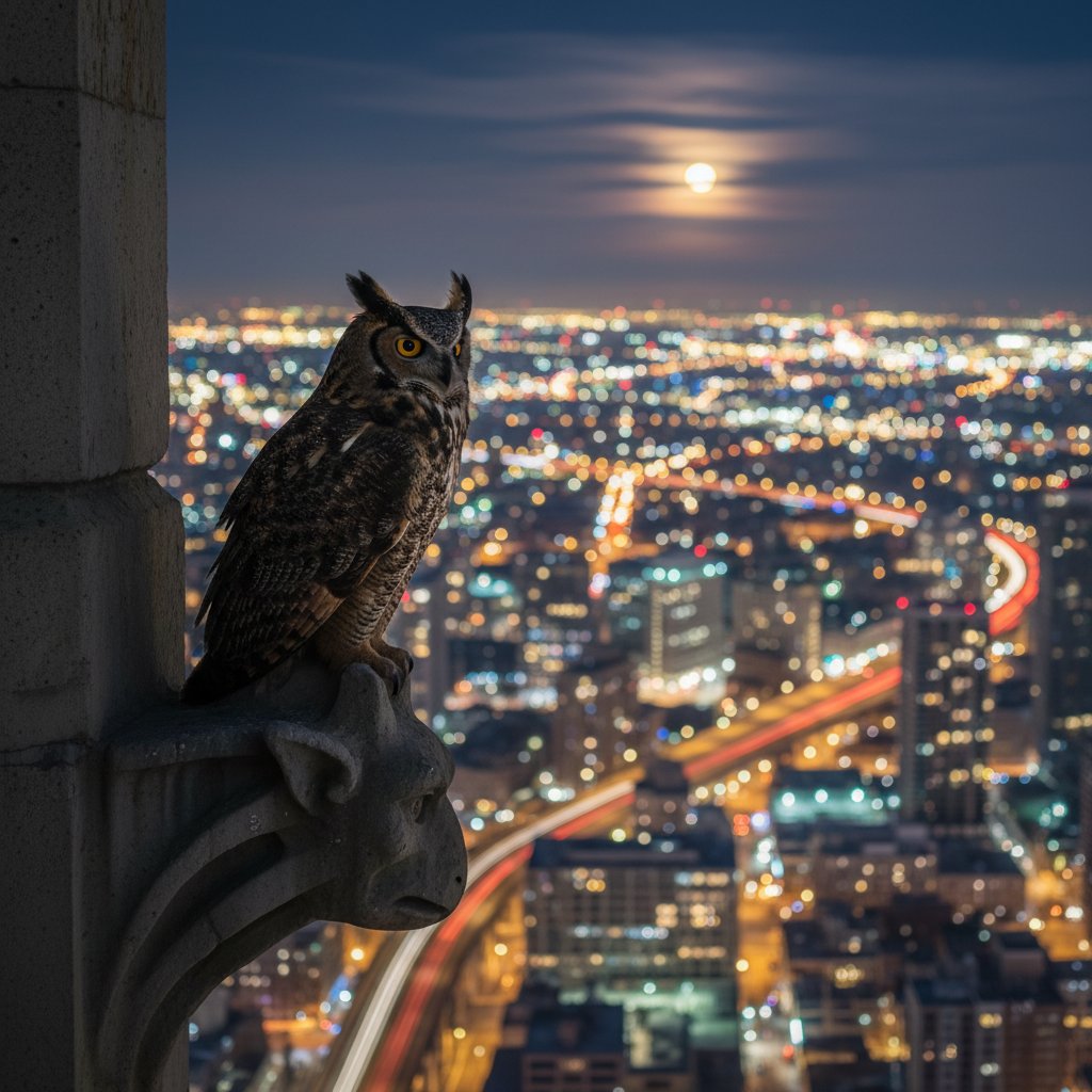 Sowa w otoczeniu miejskich świateł, panorama miasta z lotu ptaka