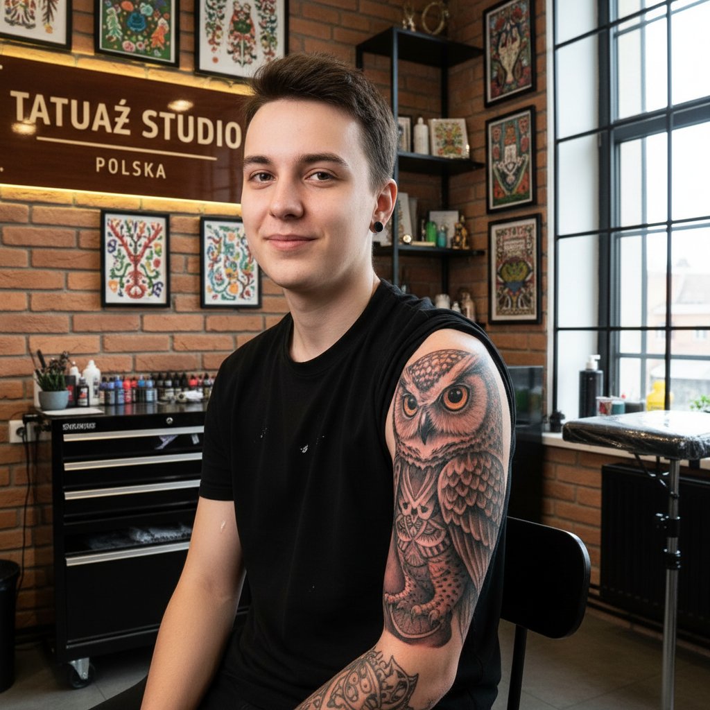 Tatuaż sowy na ramieniu młodej osoby, styl realistyczny, polskie studio tatuażu