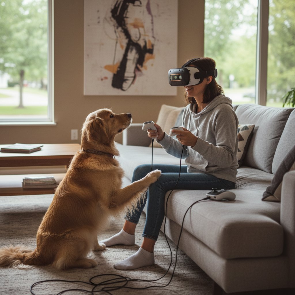 Właściciel i pies w goglach VR w nowoczesnym salonie podczas wspólnej zabawy