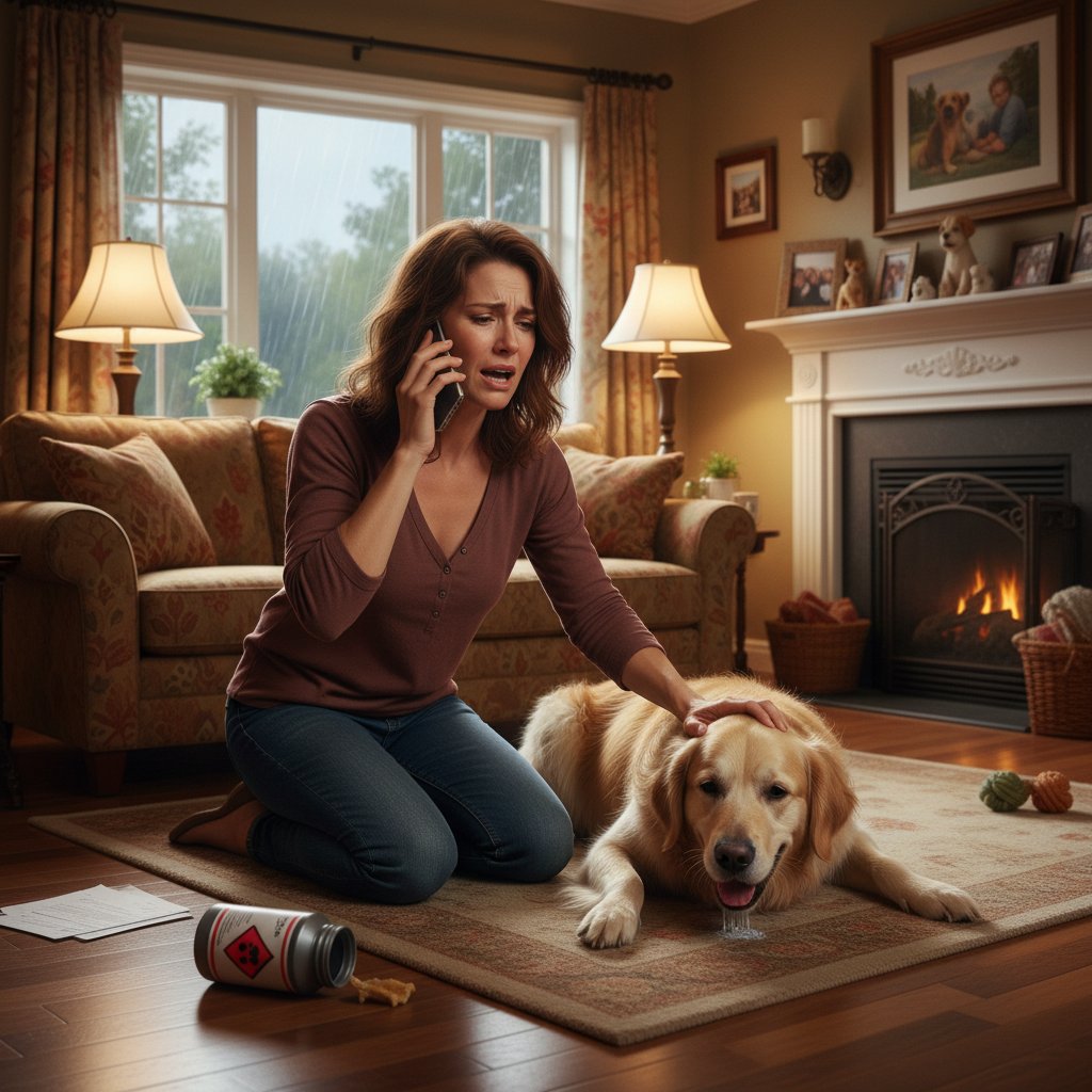 Pies z objawami zatrucia, właściciel trzymający telefon do weterynarza