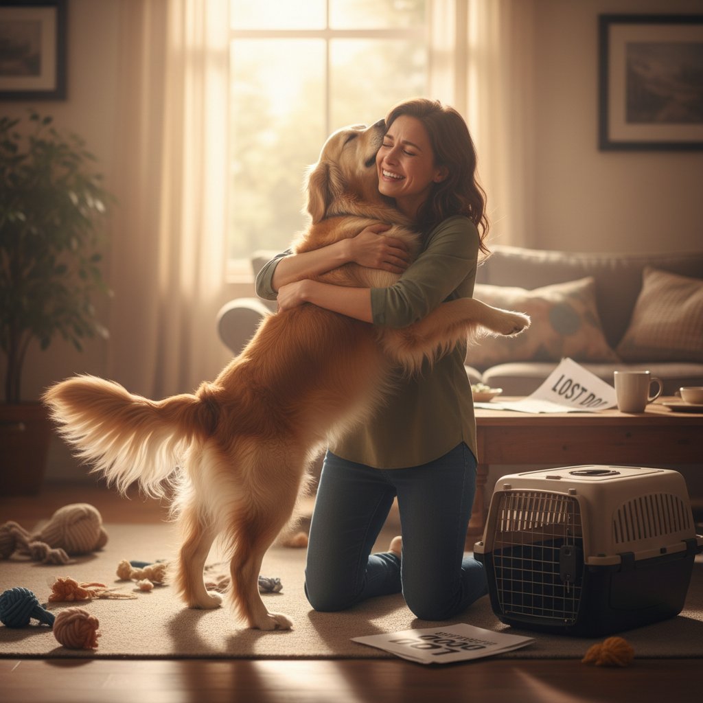 Właściciel przytulający psa po udanej akcji ratunkowej, emocje