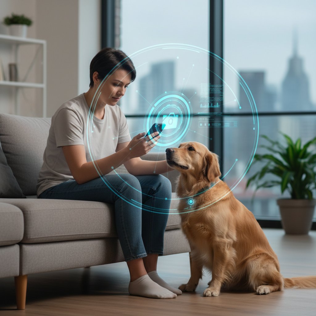 Właściciel gapiący się w telefon, pies czeka z boku, kontrast cyfrowej opieki