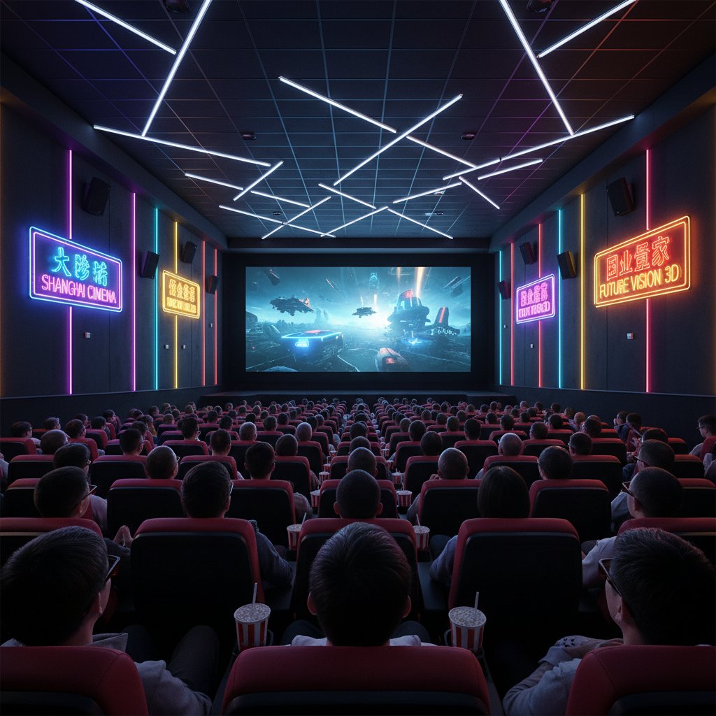 Crowded Shanghai theater with 3D film posters