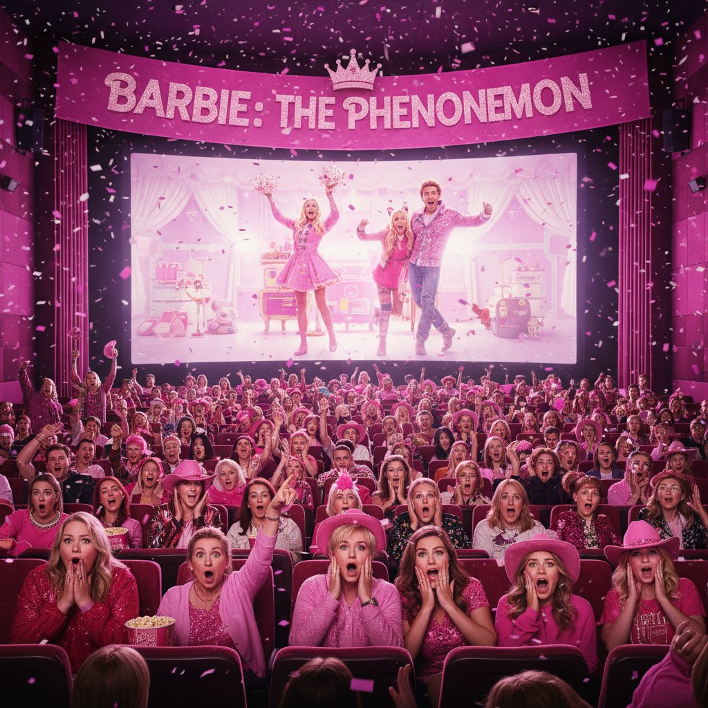 Packed cinema with audience reacting joyfully to a surprise hit film