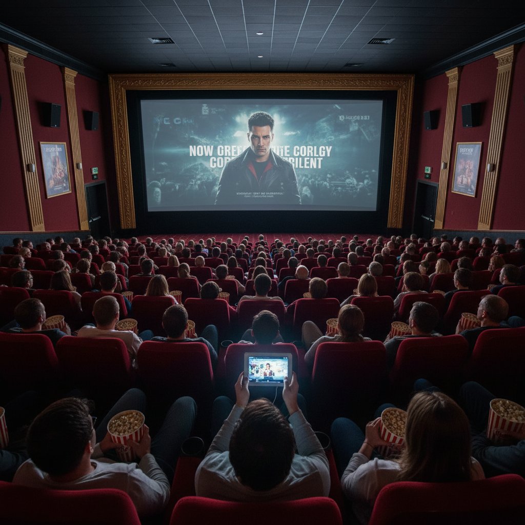 Contrasting cinema and streaming audiences, split-screen, movie demographics