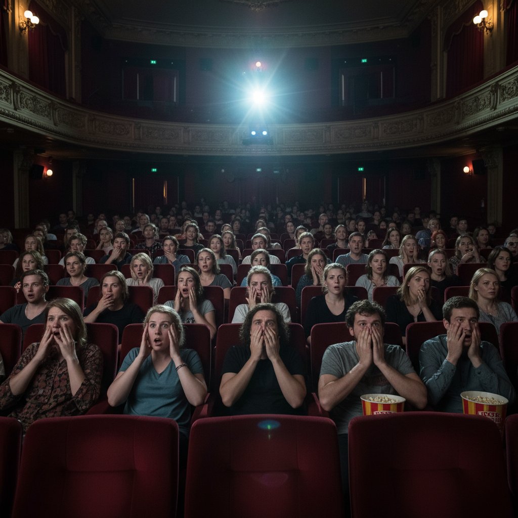 Packed theater, audience reactions, moody lighting