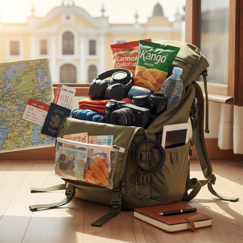 Pakowanie plecaka podróżnego, dokumenty, woda, przekąski i elektronika przygotowane na lot do Limy