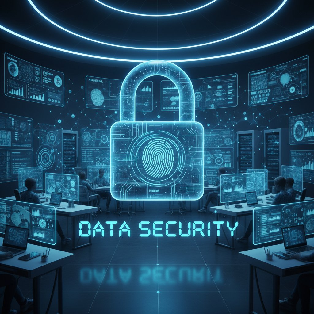 Kłódka na tle cyfrowej klasy – symbol bezpieczeństwa danych w nauce online z platformą Schoology