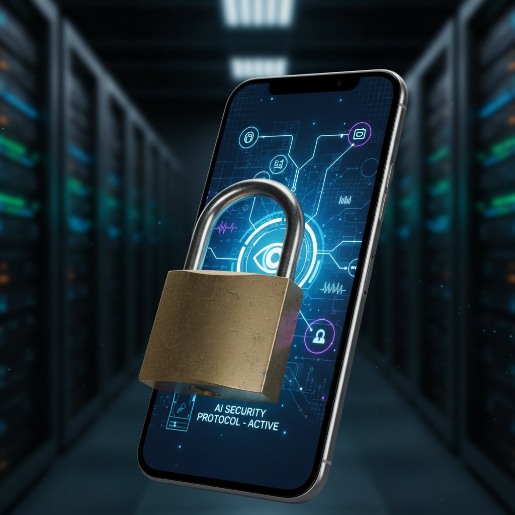 Zabezpieczenia danych osobowych w chatbotach AI, kłódka na smartfonie, interfejs AI