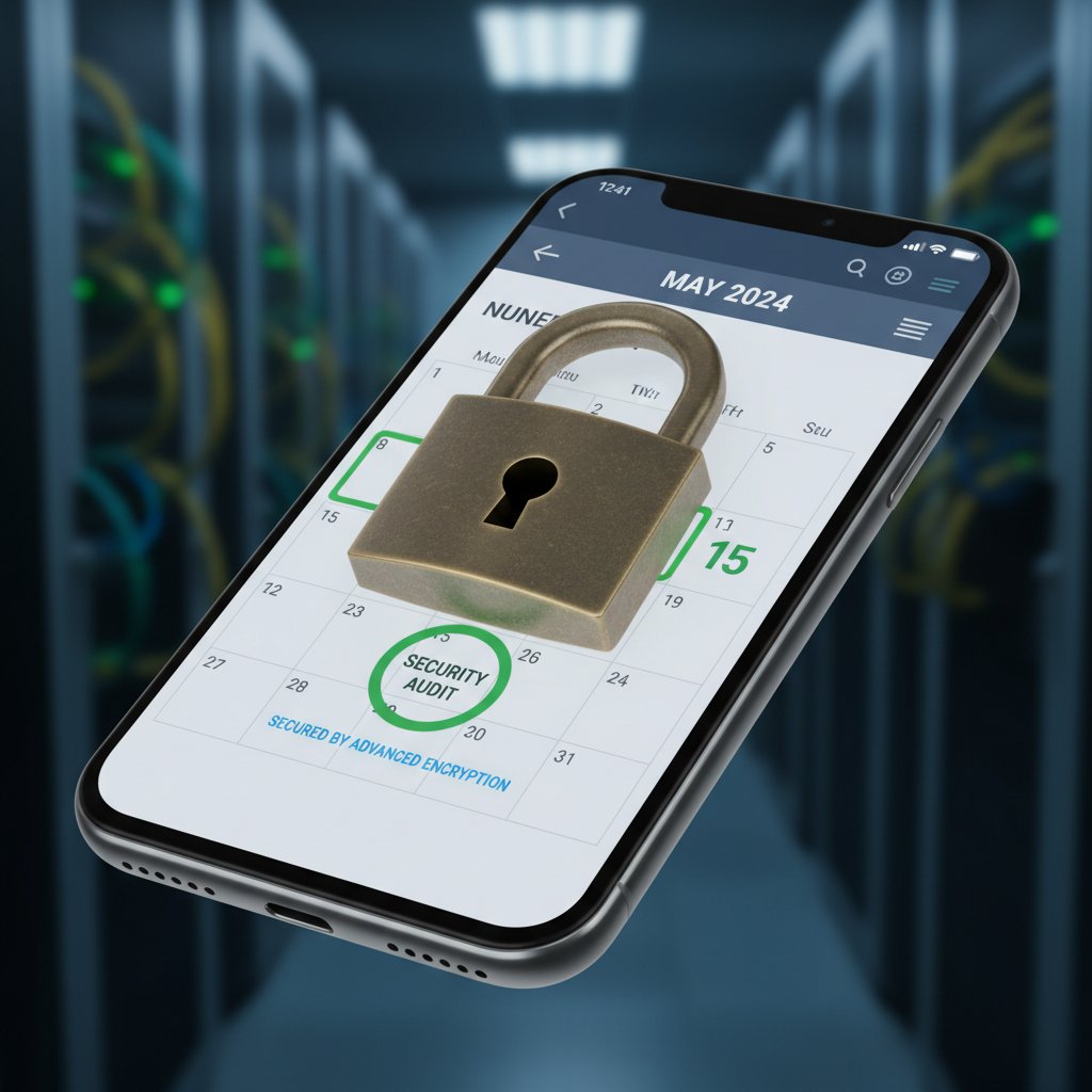 Ilustracja: kłódka na ekranie smartfona symbolizująca bezpieczeństwo kalendarza online