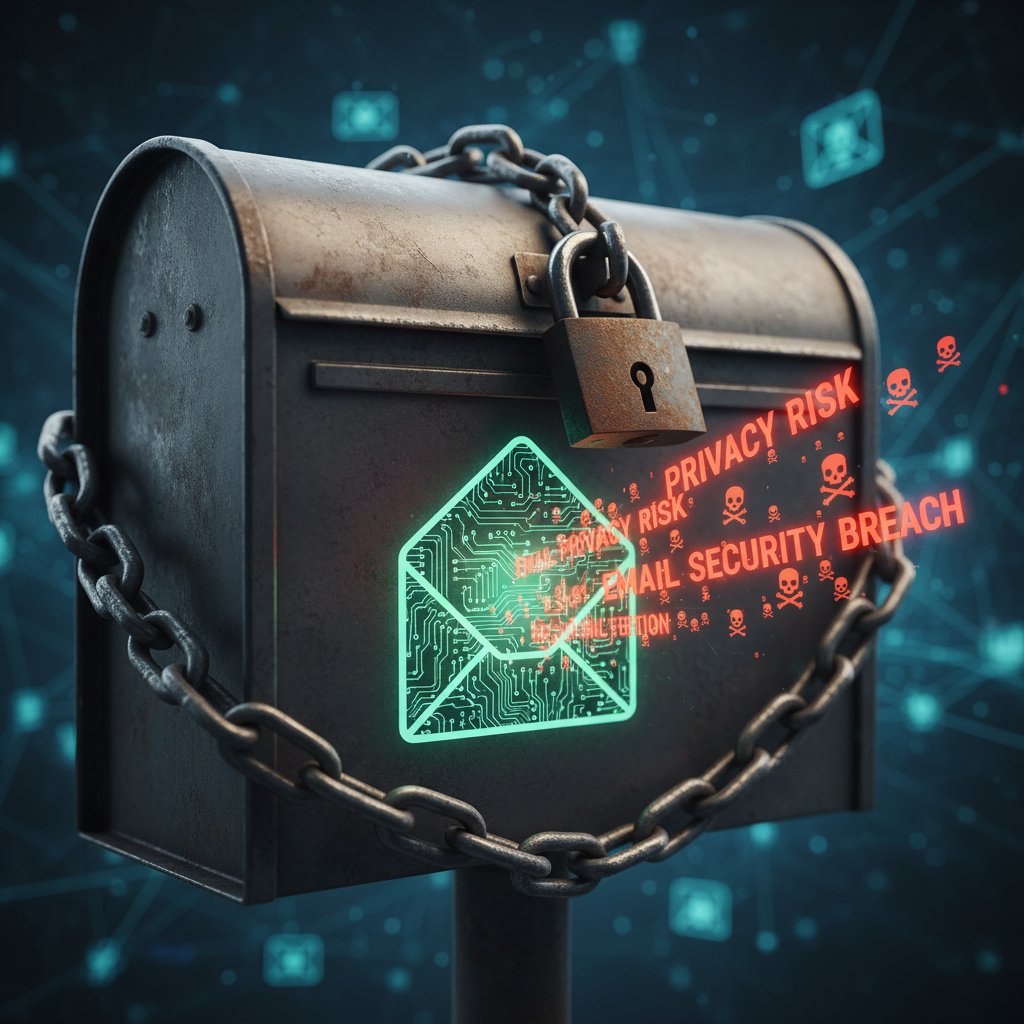 Security risks in automated email management, minimalist photo of padlocked inbox and digital shadows