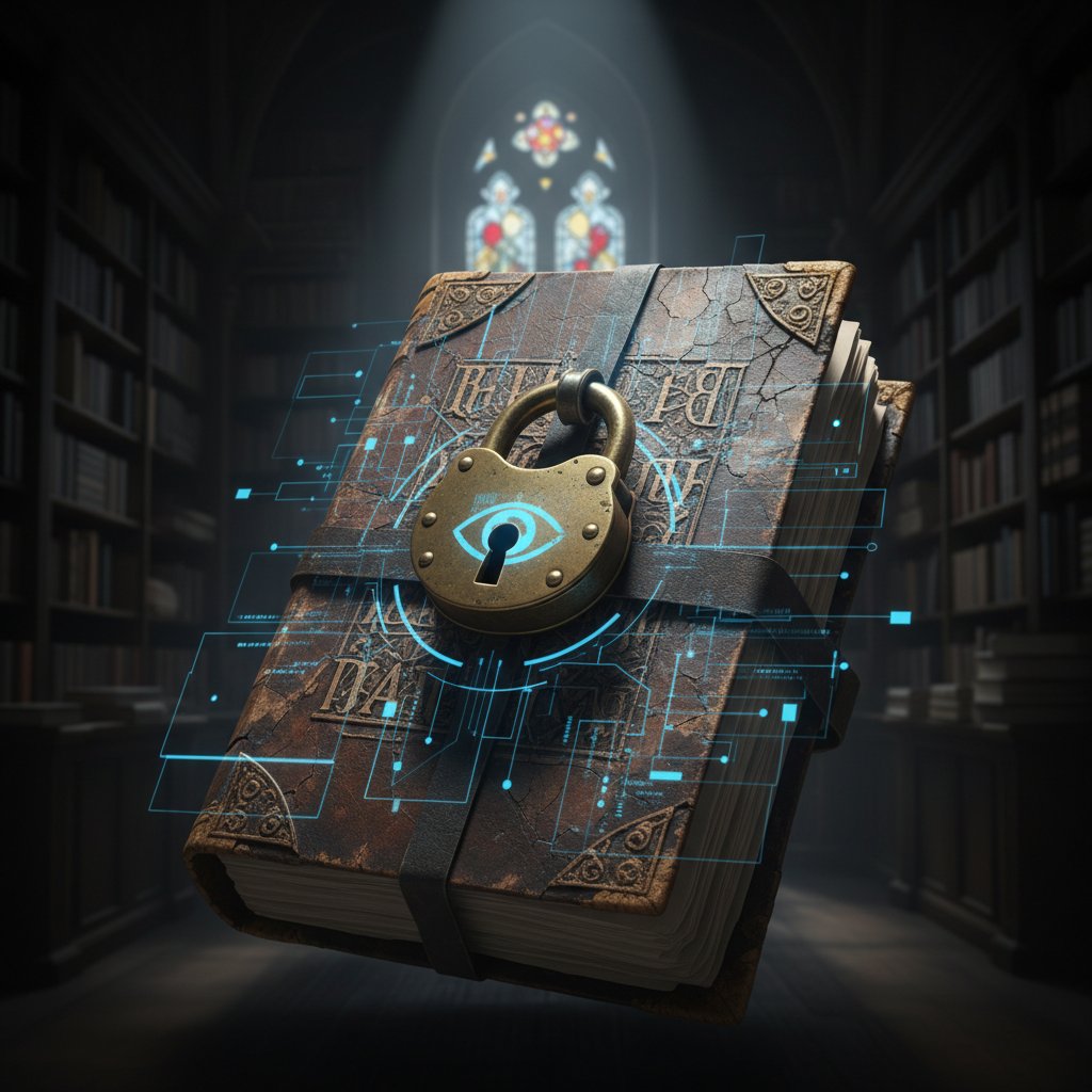 Padlocked manuscript with digital overlay, vigilant mood, high contrast, mobile-friendly