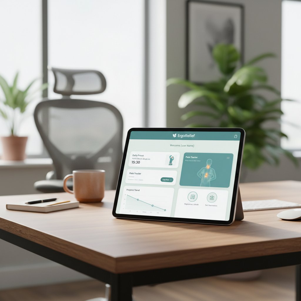 Młoda osoba korzysta z aplikacji do monitorowania bólu na tle domowego biura – nowoczesne zarządzanie bólem aplikacja