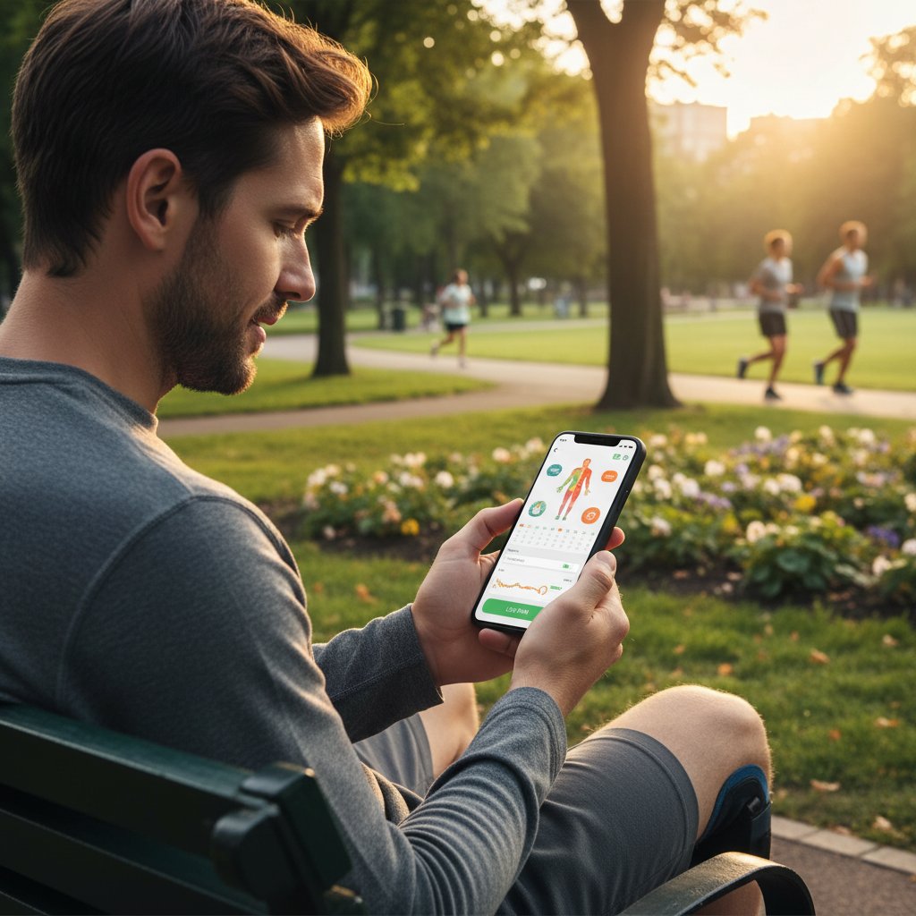 Mężczyzna analizujący dane w aplikacji do monitorowania bólu na tle miejskiego parku – zarządzanie bólem aplikacja