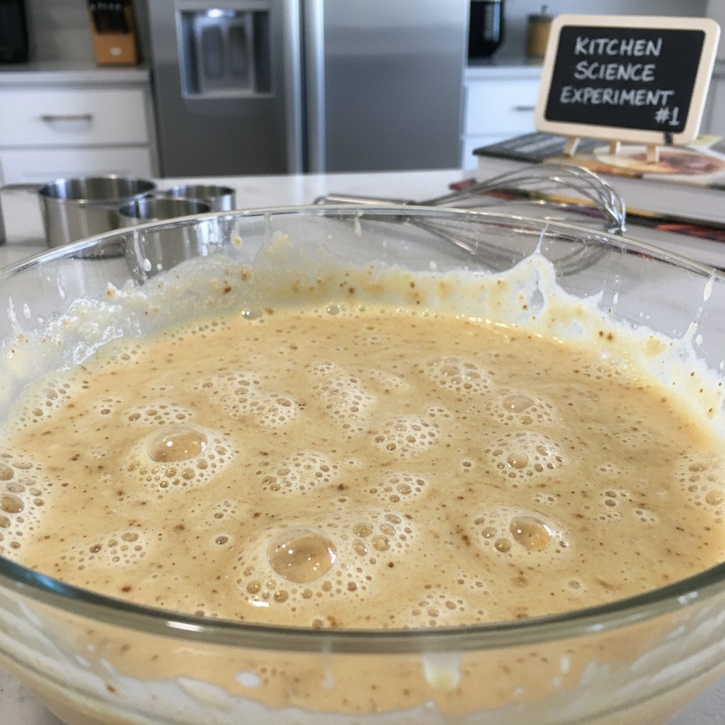 Zbliżenie na lejącą się masę naleśnikową, widoczne pęcherzyki powietrza, laboratoryjny klimat kuchni