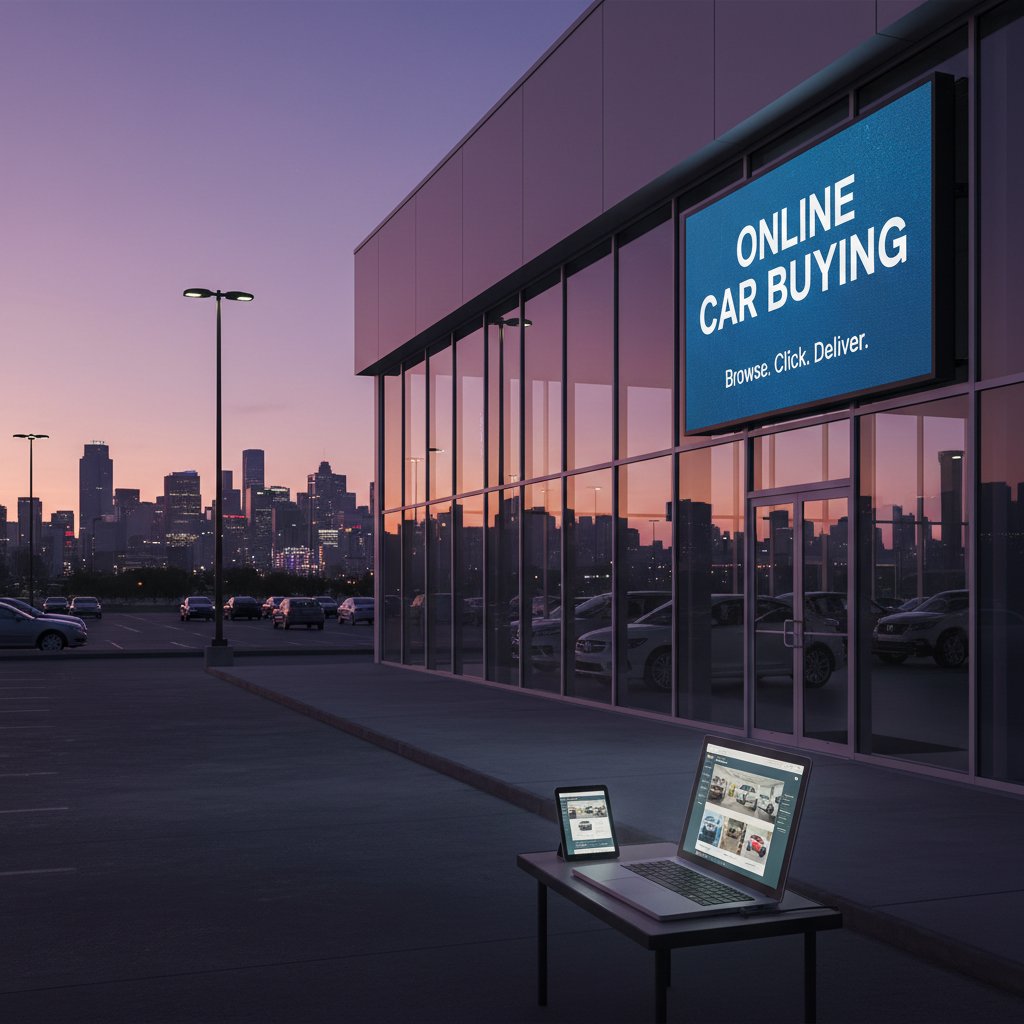 Pandemic-era empty car dealership lot with city skyline at dusk, highlighting online car buying trend