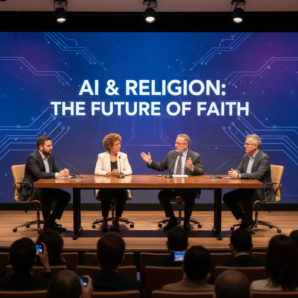 Panel dyskusyjny ekspertów ds. AI i religii, dynamiczna scena