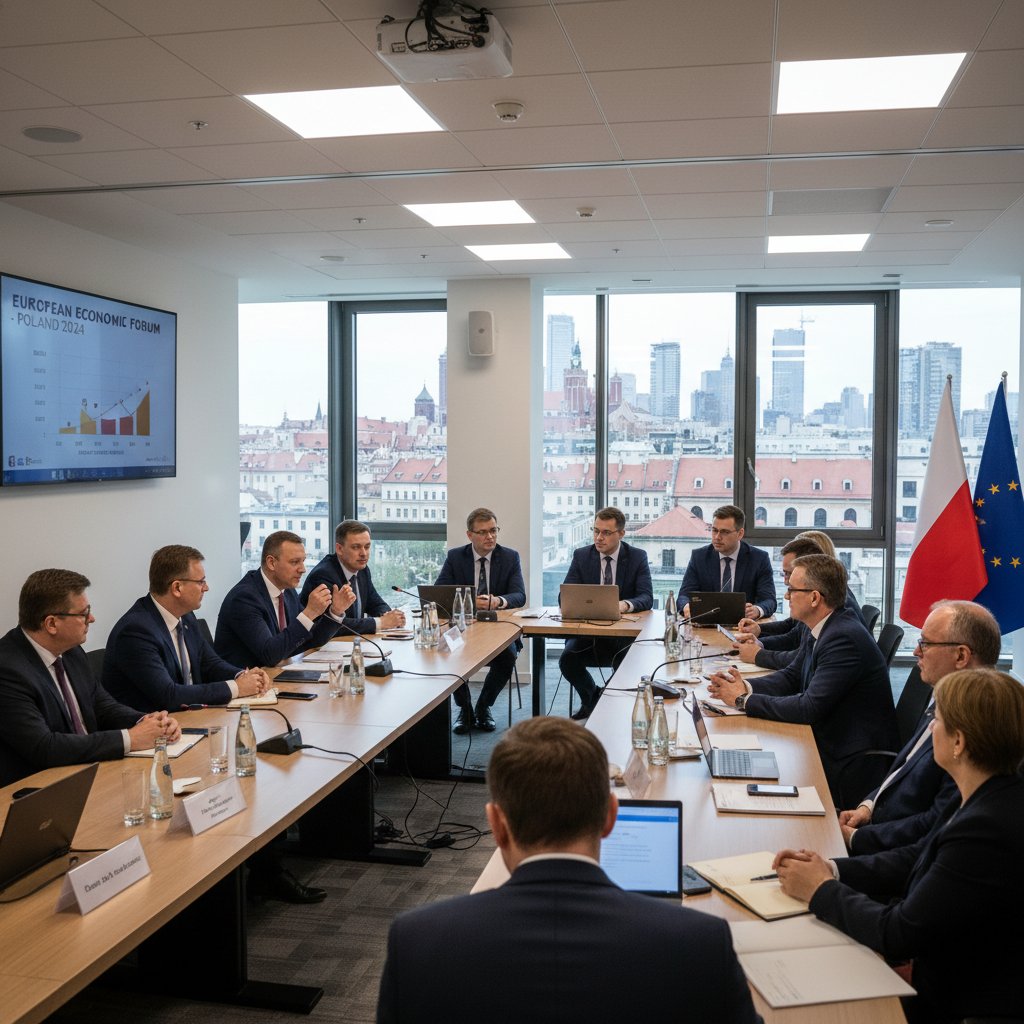 Zdjęcie grupy ekspertów podczas panelu dyskusyjnego, sala konferencyjna, Polska