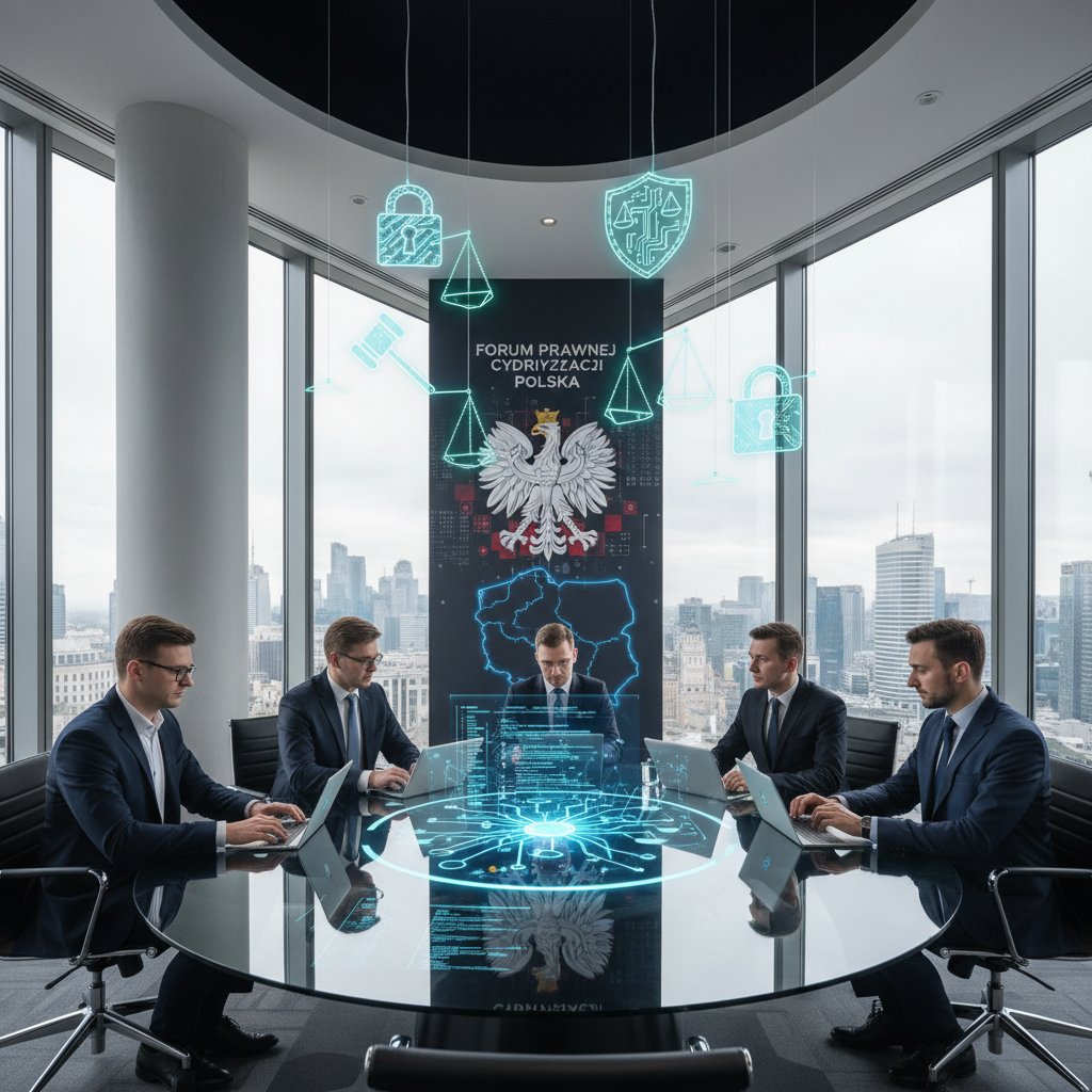 Eksperci dyskutujący o AI w prawie polskim – panel, symbole cyfrowe, biuro, Polska