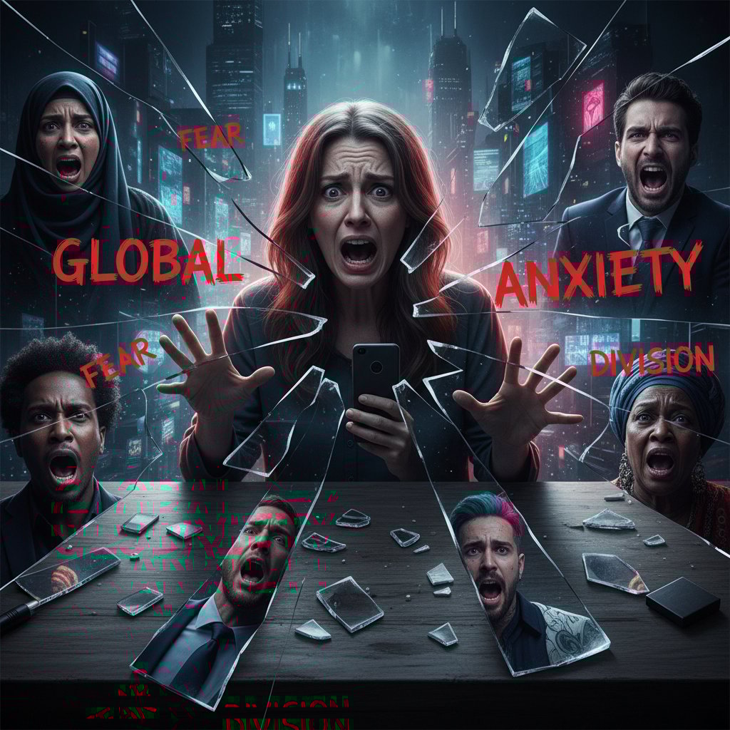 Panic movie reflected in shattered mirror, social anxiety, cultural commentary