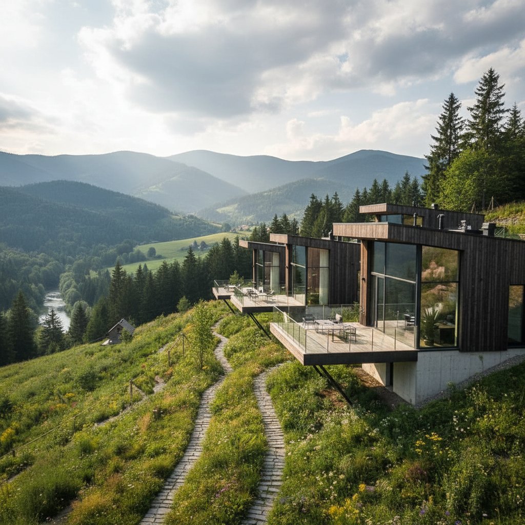 Widok panoramiczny na Beskidy i nowoczesne domki na zboczu