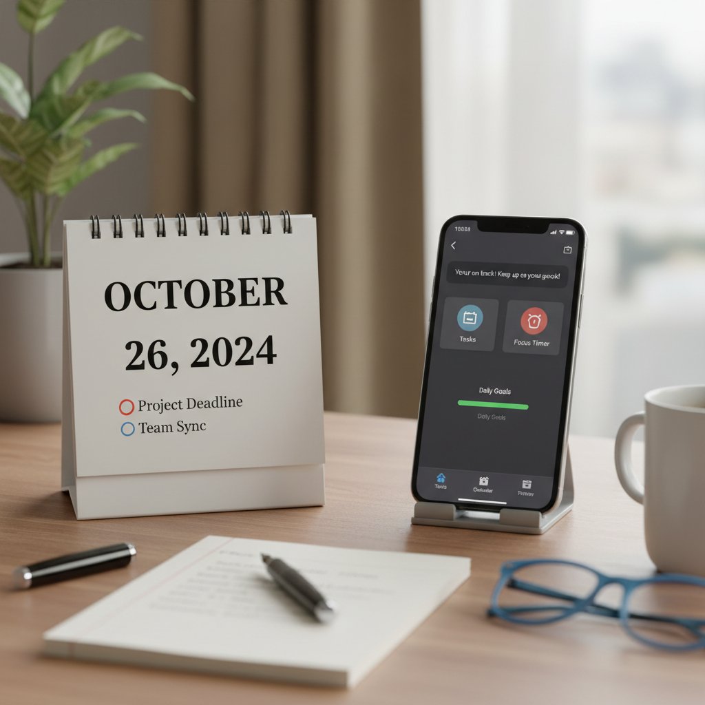 Osoba przeglądająca stary papierowy kalendarz i nowoczesny smartfon z aplikacją do planowania dnia