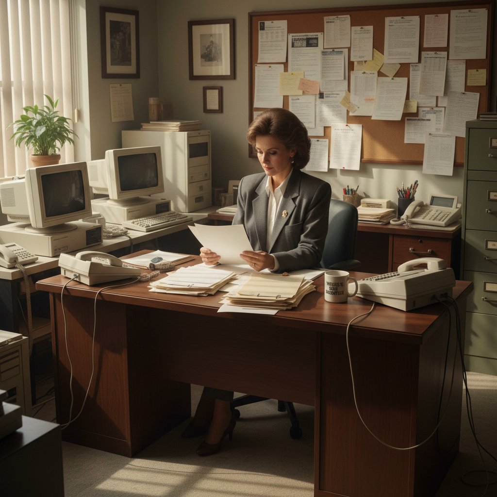 Stosy papierowych CV i rekruter przy biurku z lat 90., atmosfera nostalgii i tradycji