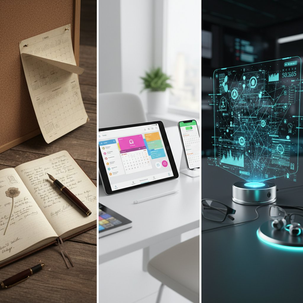 An old paper diary next to a modern smartphone displaying a digital calendar, illustrating the evolution of calendar management tools