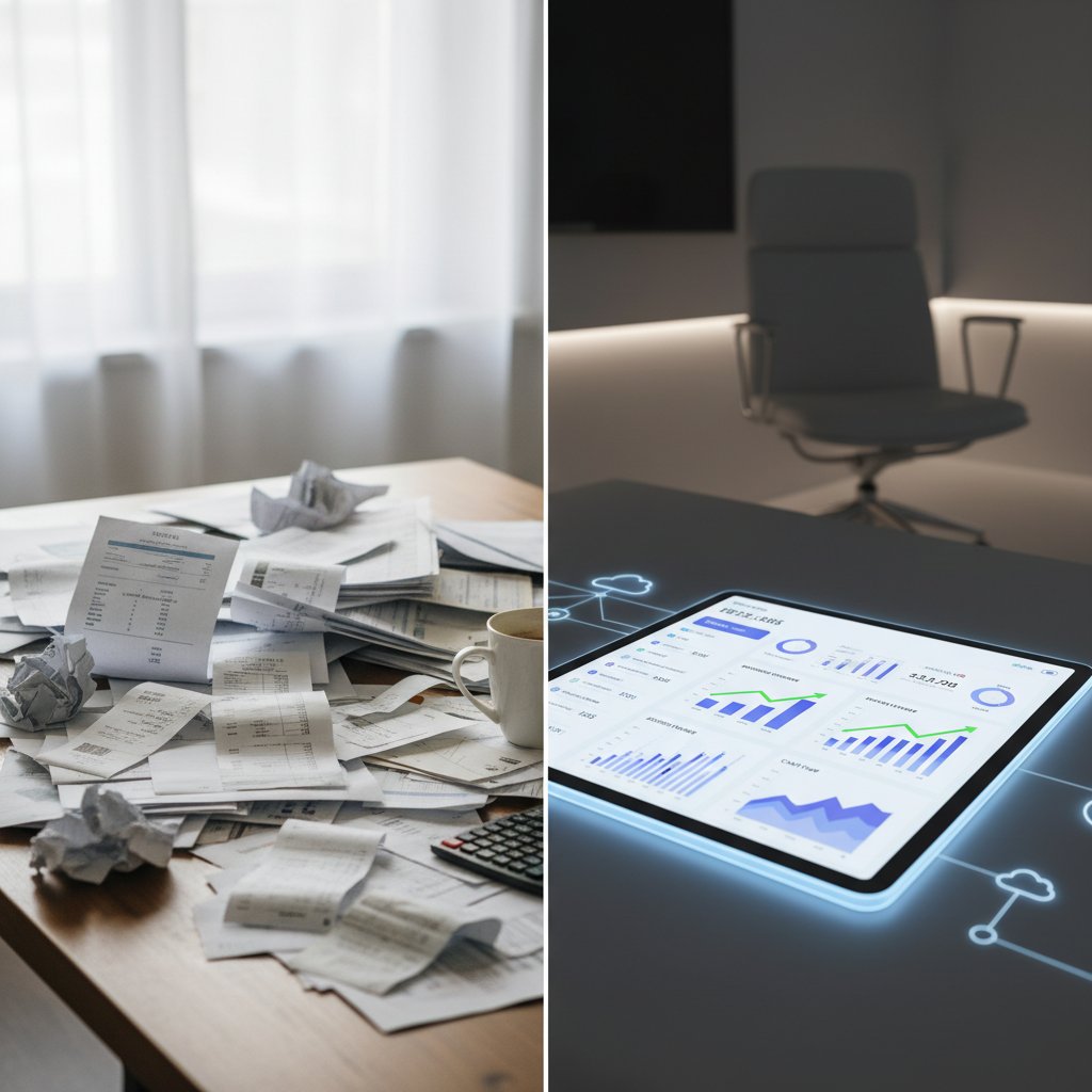 Stosy papierowych faktur kontra cyfrowy dashboard na ekranie